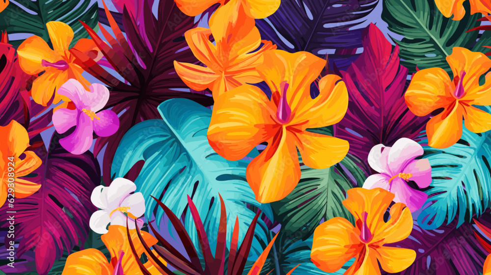 Retro aloha pattern with painted leaves and blossoms that exude a natural and exotic feel Retro aloha pattern with painted leaves and blossoms that exude a natural and exotic feel