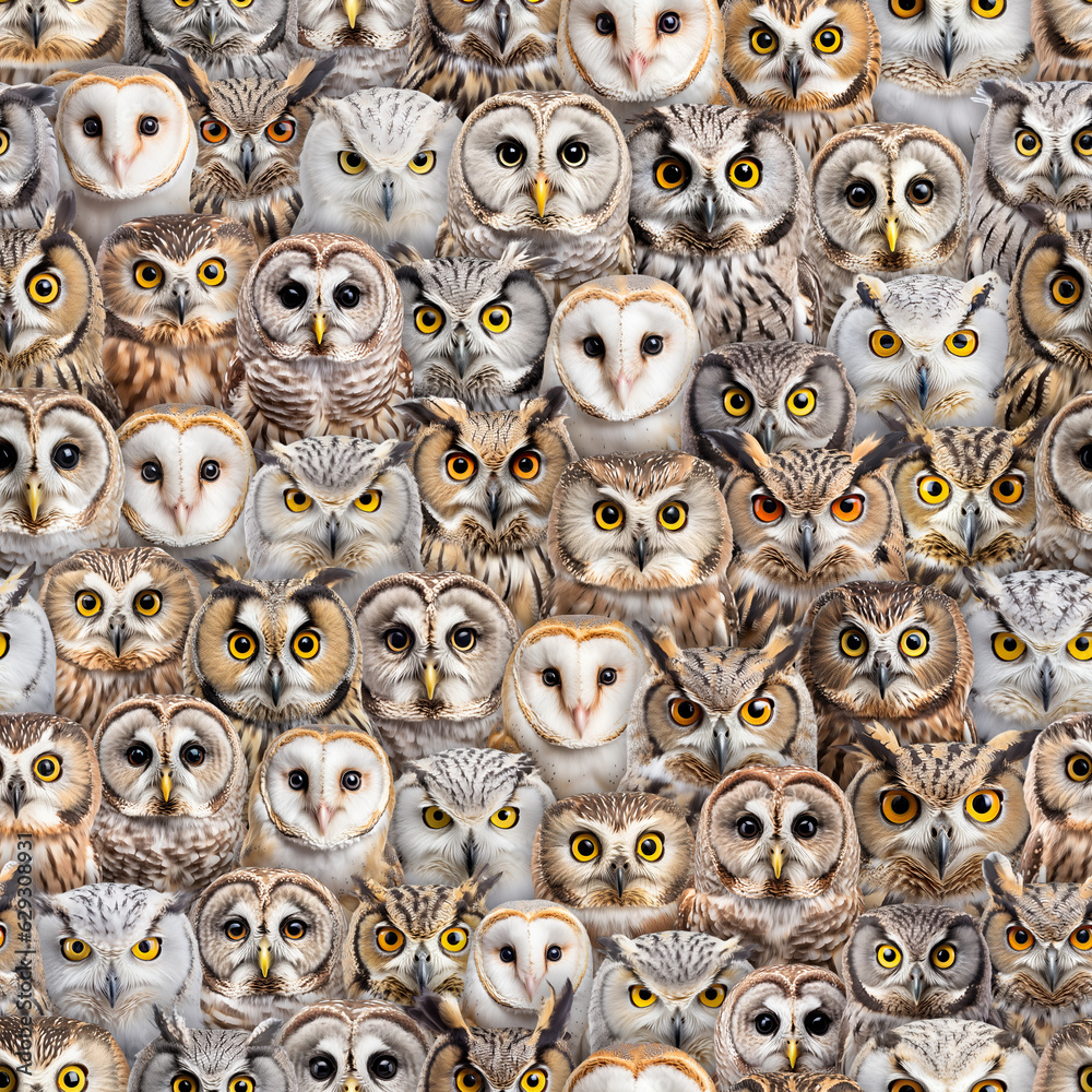 Seamless pattern with many different kinds of owl, endless zoo texture. Forest bird portraits collage.