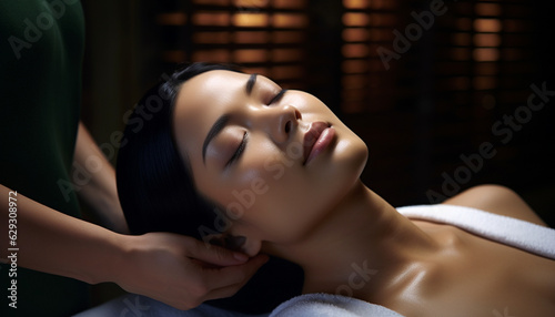 An Asian woman enjoying a soothing head massage at a spa