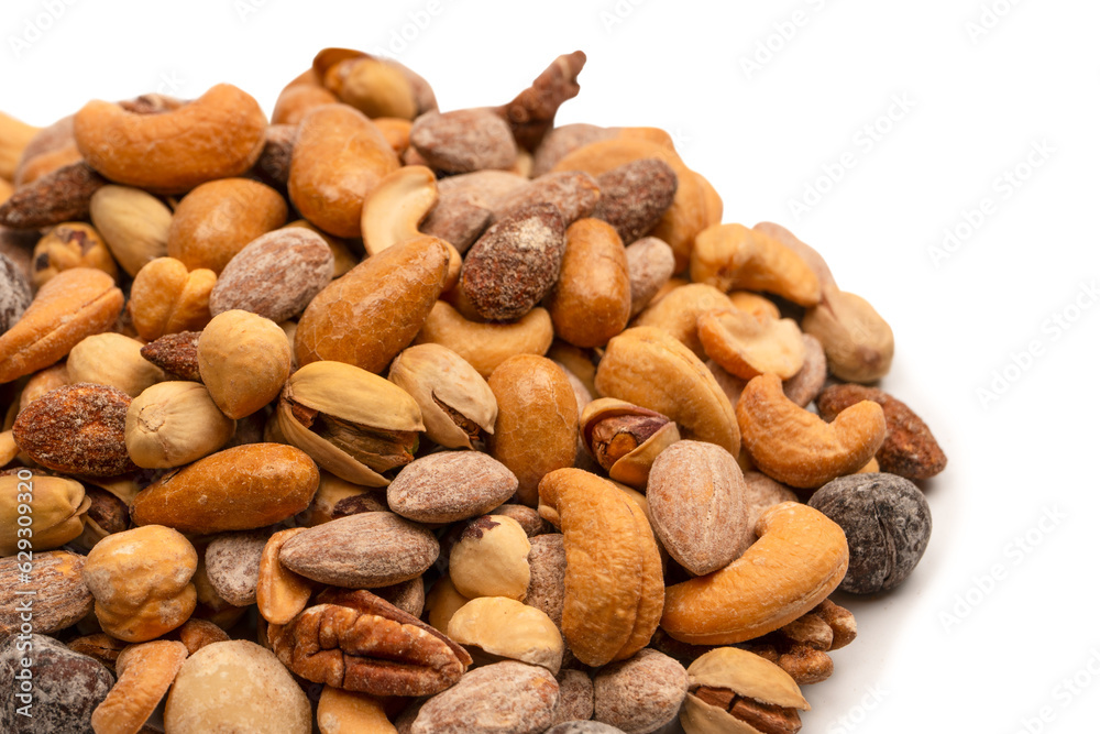 A group of almonds, pistachios, walnuts, macadamia, cashews.