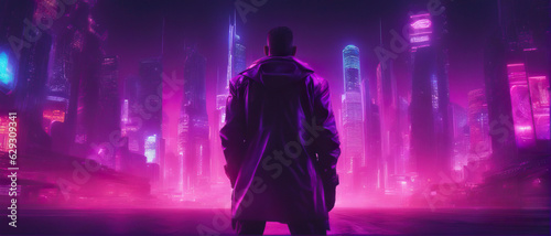 A wide angle shot of a man standing in front of a blurred cyberpunk city panorama with bright neon lights. Photorealistic illustration. 