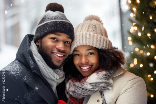 Closeup photo of cute couple spending holly Christmas eve in decorated garland lights house near Chrismas tree outdoors