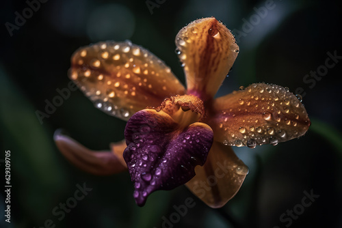 An orchid flower  with water droplets. Generative AI