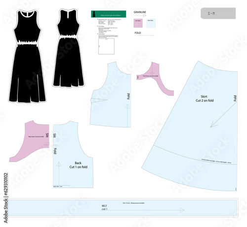 Stylish dress in pretty woman style.Vector sewing pattern in small-medium sizes. Features a semi-loose fit, midi length, mid waist with elastic waistband, O-neckline. Back slit and button closure.