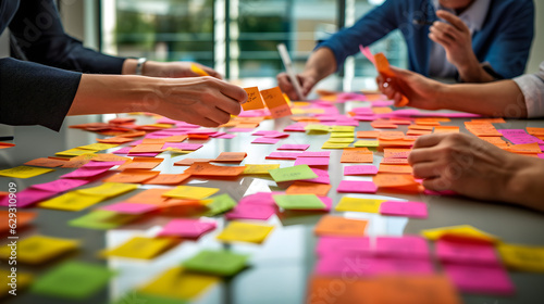 Foto Coworkers having workshop with brainstorming session exchanging post-it notes