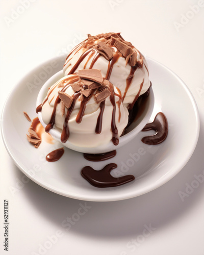 Generated photorealistic image of a chocolate dessert with ice cream and cream in a white plate