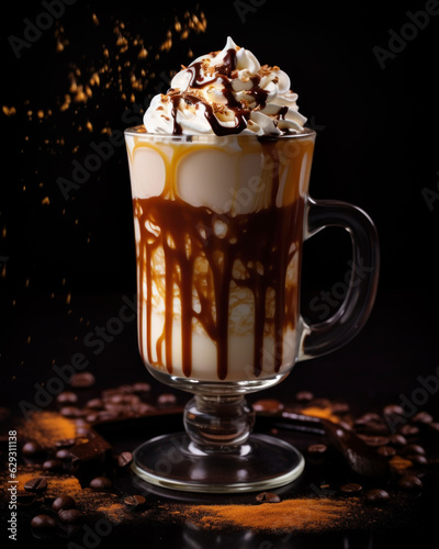 Generated photorealistic image of a sweet milk chocolate shake garnished with cream and chocolate sauce