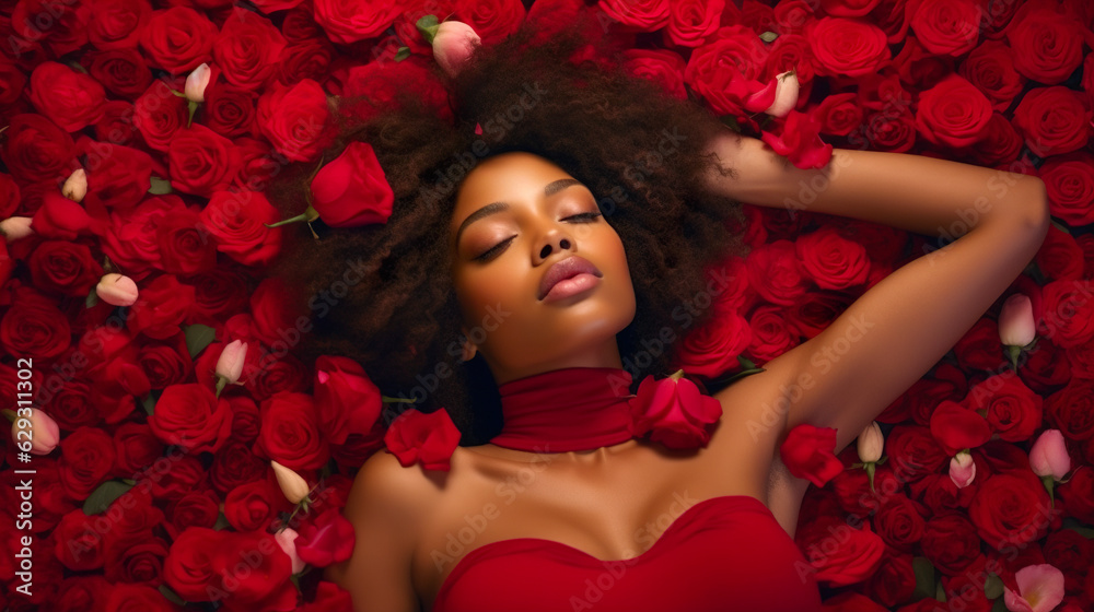 Beautiful young afro woman lies in red roses background Beautiful young afro woman lies in red roses background