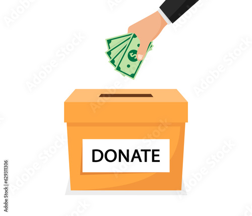 Donation and charity. Hand puting money into donation box. Donate, volunteering and giving money. Vector illustration.