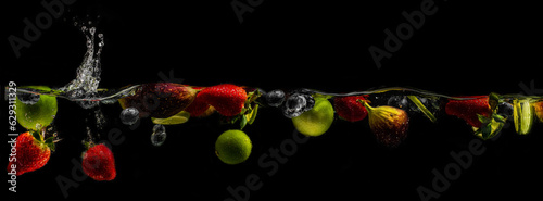 Fototapeta Naklejka Na Ścianę i Meble -  bright juicy fruits with splashes fly into the aquarium on a black background