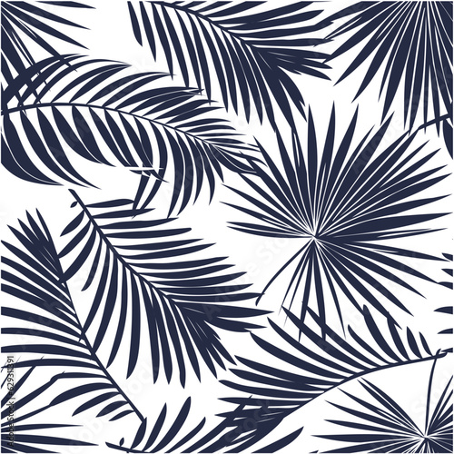 Silhouette of palm leaves on white background. Vector seamless background with tropical plants.