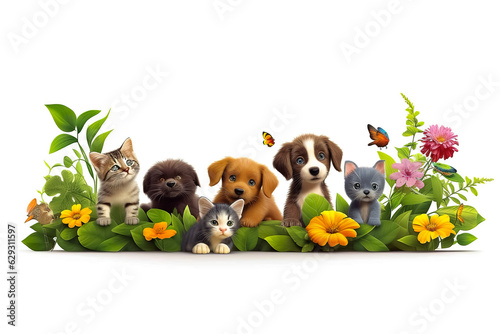Children s greeting card template with cute cartoon kittens and puppies in flower frame isolated on white background