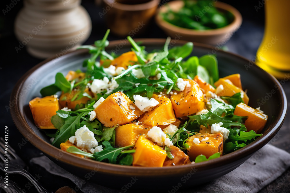 Pumpkin salad with arugula, feta cheese and pumpkin seeds Pumpkin salad with arugula, feta cheese and pumpkin seeds