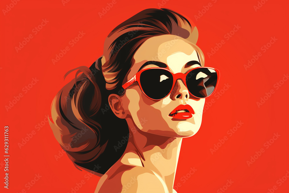 Beaut, fashion and style concept. Retro style fashion woman wearing trendy sunglasses portrait illustration. Illustrative minimalistic design. Pin up girl fashion style. Generative AI