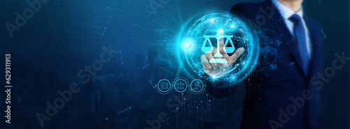 Businessman explores the legal services network in search of professional legal solutions and assistance. Digital technology supports people in managing legal matters and streamlining global legal.