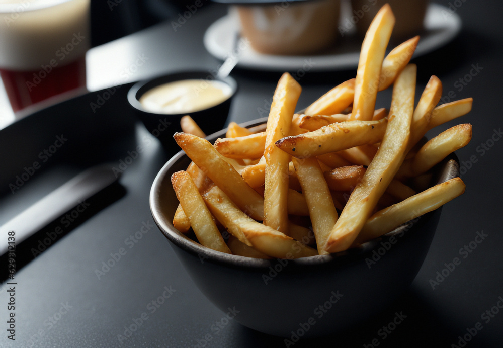 Golden French fries potatoes with mayonnaise sauce on a black background. illustration generative ai
