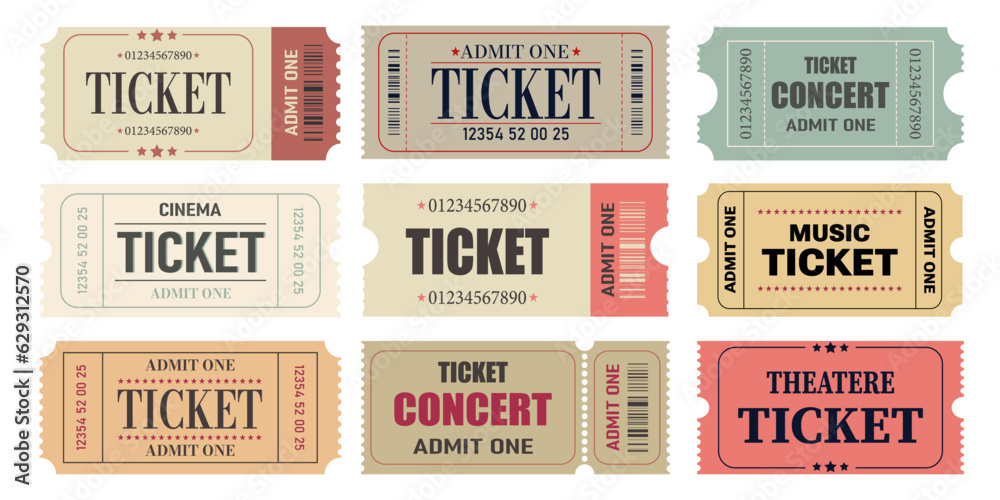 Vector set of admit one tickets template. Ticket for cinema,movie,circus,theatere,film,festival,casino,club,music etc. Event admission, entrance pass set .Vector illustration
