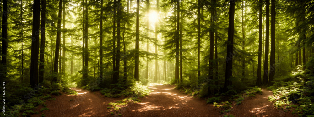 Obraz premium 3 Enchanting Forest Trail. Enter a lush green forest bathed in sunlight - a serene path for nature lovers and forest retreat projects
