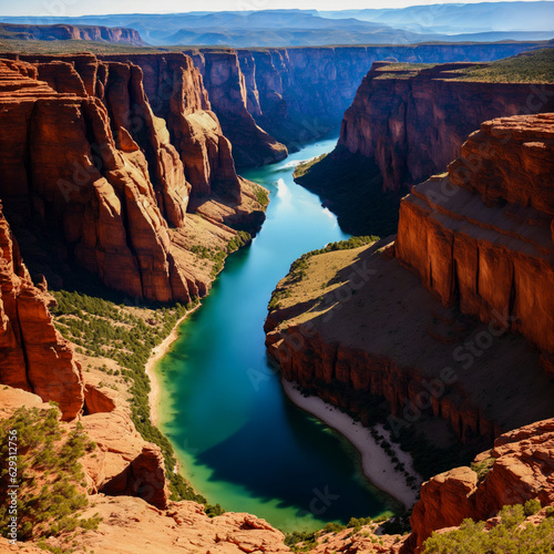 River-Carved Canyon Wilderness. Unforgettable Grand Canyon view - scenic river, wild rock formations, and stunning desert landscape.