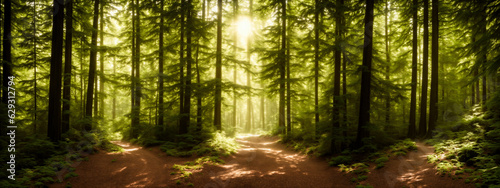 3 Enchanting Forest Trail. Enter a lush green forest bathed in sunlight - a serene path for nature lovers and forest retreat projects