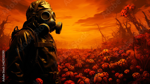 Stalker in a respirator against the background of a radioactive explosion. The city under the chemical cloud Background. High quality illustration © NeuroSky