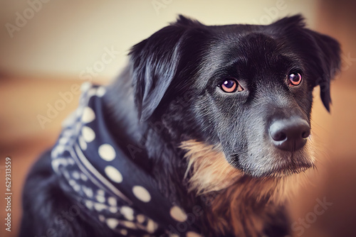 Realistic muzzle of a dog on a blurred background. AI-generated