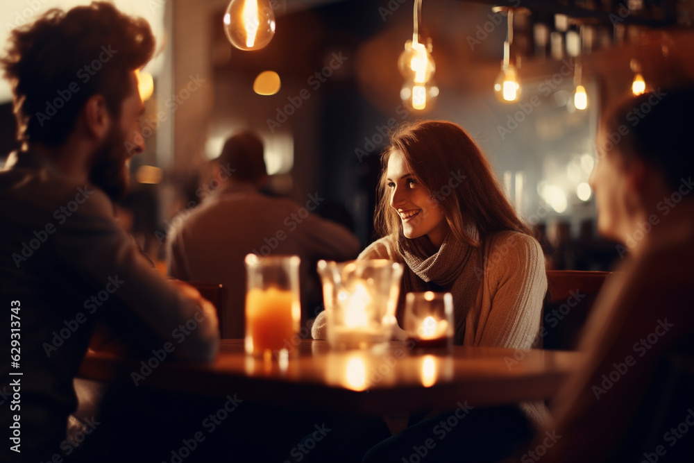 Lifestyle, friendship, food and drinks concept. Group of happy friends drinking coffee and talking with each other in cafe. Generative AI Lifestyle, friendship, food and drinks concept. Group of happy friends drinking coffee and talking with each other in cafe. Generative AI