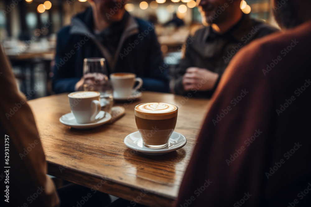 Lifestyle, friendship, food and drinks concept. Group of happy friends drinking coffee and talking with each other in cafe. Generative AI