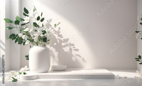 White Flowers and Leaves in Trendy Glossy Vase on White Ceramic with White Empty wall and Sunlight from Window, Template for Presentation, Skin Care, Organic Product, Generative Ai. © Mira Bräker 