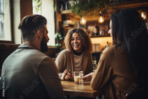 Lifestyle  friendship  food and drinks concept. Group of happy friends drinking coffee and talking with each other in cafe. Generative AI