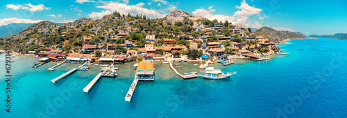 Aerial view of Simena castle and fishing and tourist village Kaleucagiz. Tourist and travel destinations in Turkey photo