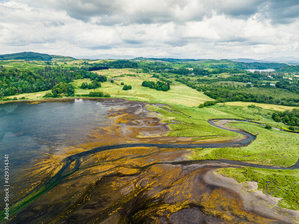 Loch Feochan and Feochan Bheag River from a drone, Feochan Glen, Oban, Argyll and Bute, West Highlands, Scotland 