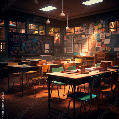 School background. Sunlight in the classroom. The theme of autumn and the beginning of the school year. High quality illustration