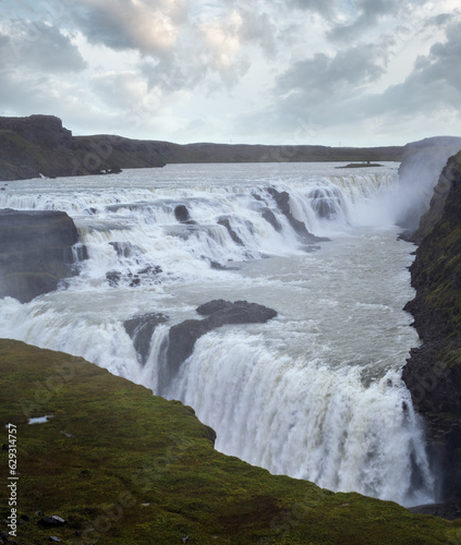 Picturesque full of water big waterfall Gullfoss autumn view  southwest Iceland.