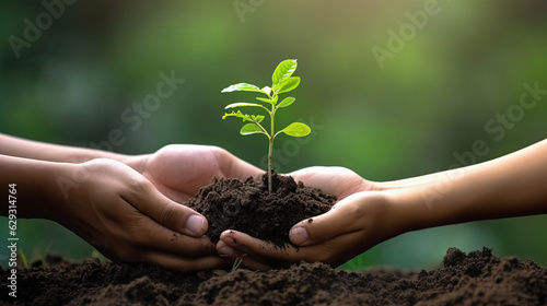 manos de adulto y de niño sosteniendo tierra con una pequeña planta o arbol floreciendo. concepto dia de la tierra, ecologia