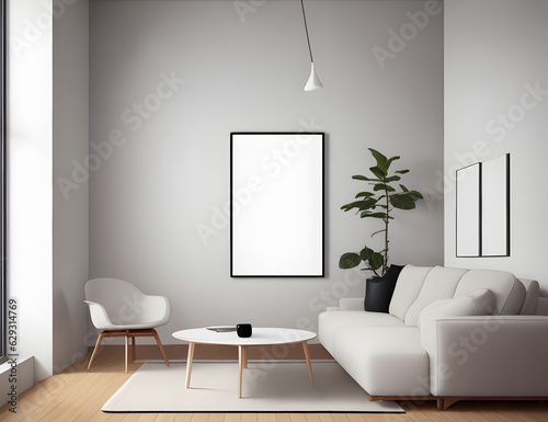 poster mock up minimal interior background frame Scandinavian white style living room interior, modern living room interior background, Ai generative