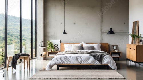 Bedroom decor, home interior design . Minimalist Scandinavian style with Large Window decorated with Concrete and Wood material . Generative AI AIG26. photo