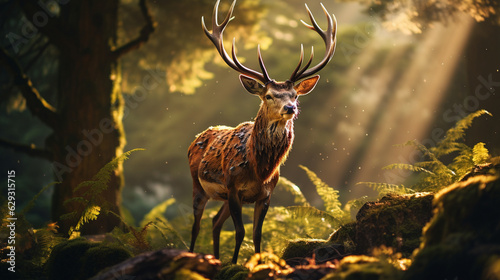 A majestic Noble Deer standing gracefully in a sunlit forest clearing  © Наталья Евтехова