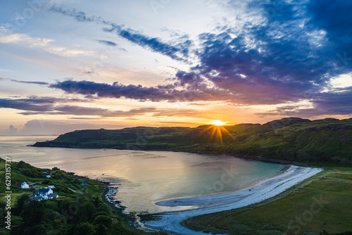 Sunset over Calgary Beach and Bay from a drone, Isle of Mull, Scottish Inner Hebrides, Scotland, UK