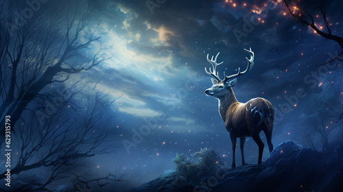 A magical scene of a Noble Deer under a moonlit sky, surrounded by twinkling stars  © Наталья Евтехова