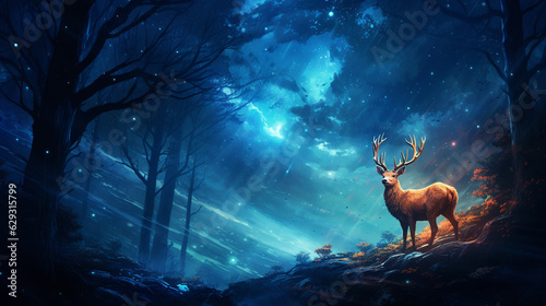 A magical scene of a Noble Deer under a moonlit sky, surrounded by twinkling stars 