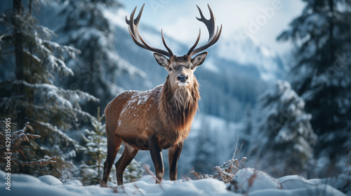 A powerful image of a Noble Deer standing tall amidst a winter wonderland  © Наталья Евтехова