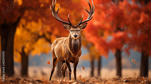 A regal Noble Deer against a backdrop of colorful autumn foliage  © Наталья Евтехова