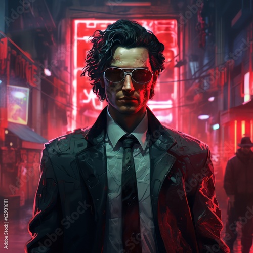 A realistic portrait of a man in neon light wearing a cyberpunk gear. A high-tech futuristic man from the future. The concept of virtual reality and cyberpunk. 