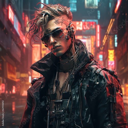 A realistic portrait of a man in neon light wearing a cyberpunk gear. A high-tech futuristic man from the future. The concept of virtual reality and cyberpunk. 