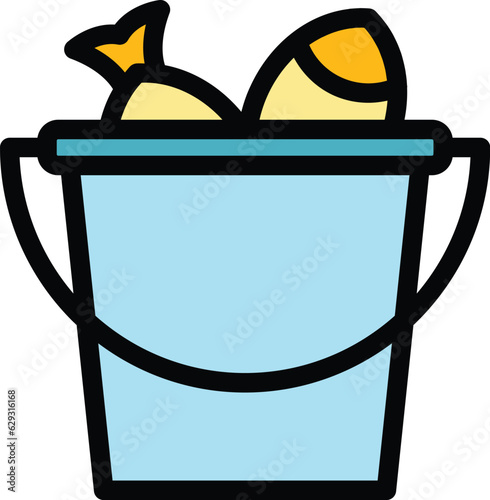 Full winter fish bucket icon outline vector. Ice fishing. Snow lake color flat