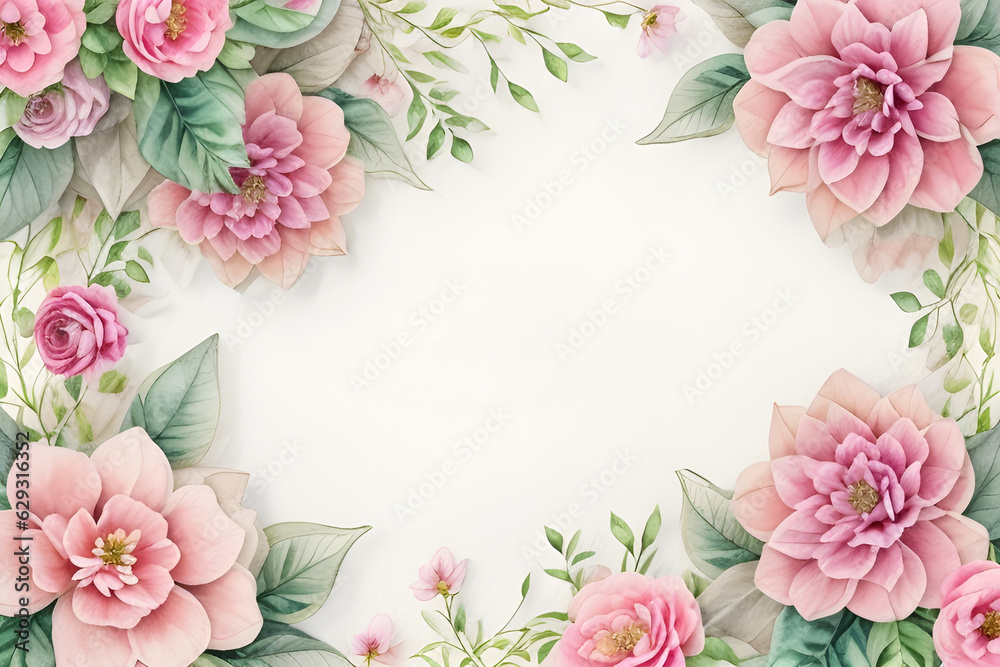romantic pink frame of watercolor flowers around the edge of the sheet