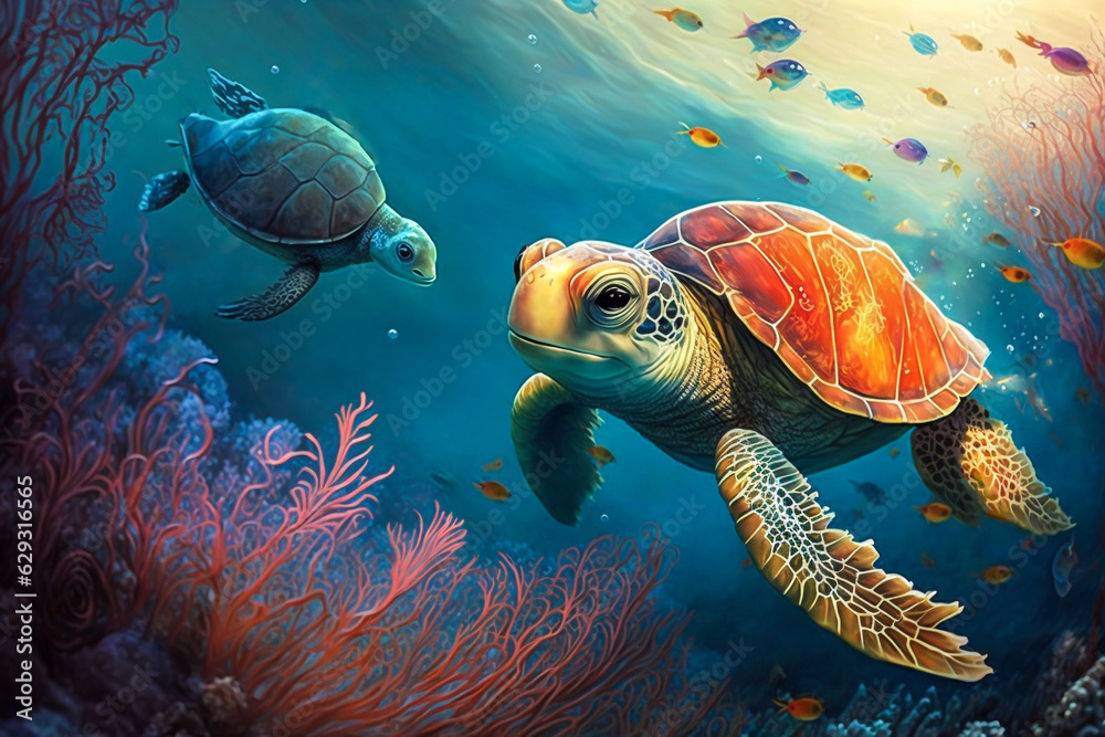 Obraz premium Sea Turtle Fairytale Concept Illustration. A turtle swimming in the sea. Water Creature Friends, Children's literature, Fantasy, Adventure. Made with Generative AI