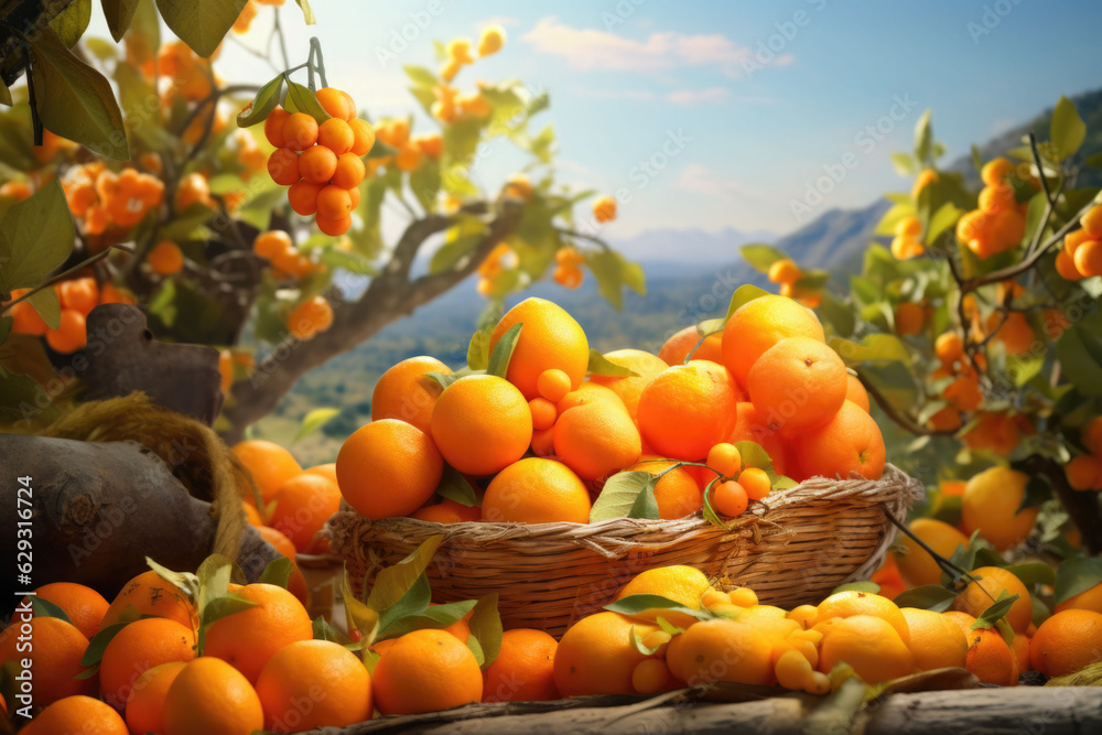 Ripe oranges hanging from a small orange tree. Tangerines on a tree in a garden. Generative AI