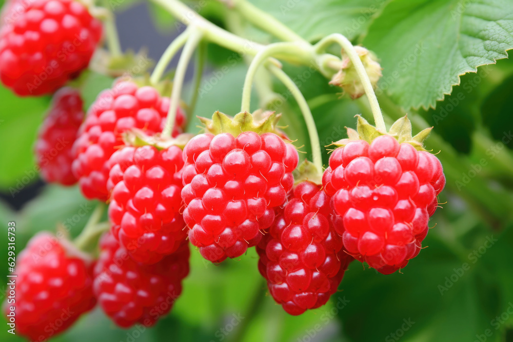 Branch of ripe raspberries in a garden on blurred background. Growing sweet berries. Generative AI Branch of ripe raspberries in a garden on blurred background. Growing sweet berries. Generative AI